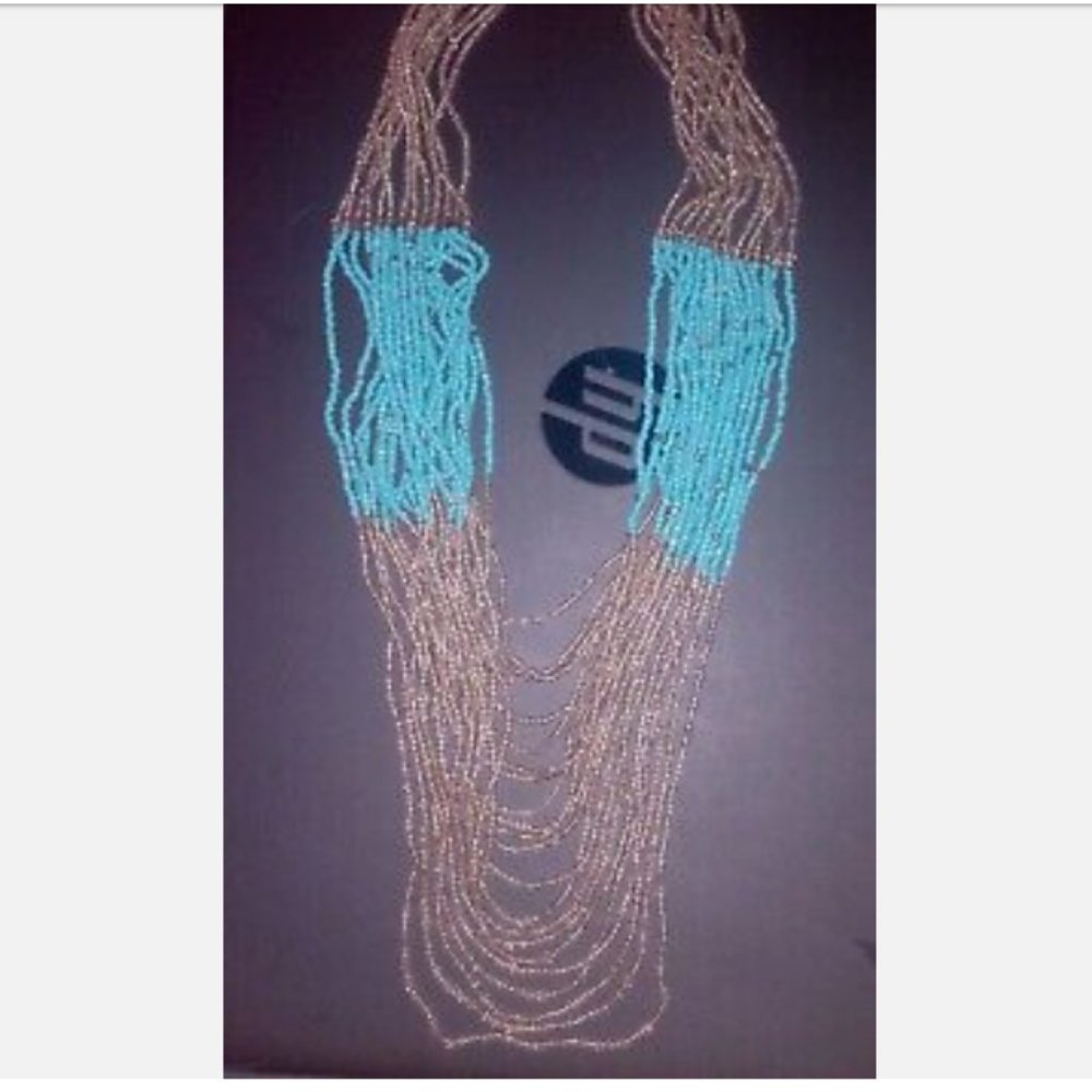 Beaded Necklace Silver-toned Metallic Silver & Turquoise Hangs 15" Long / o. d.